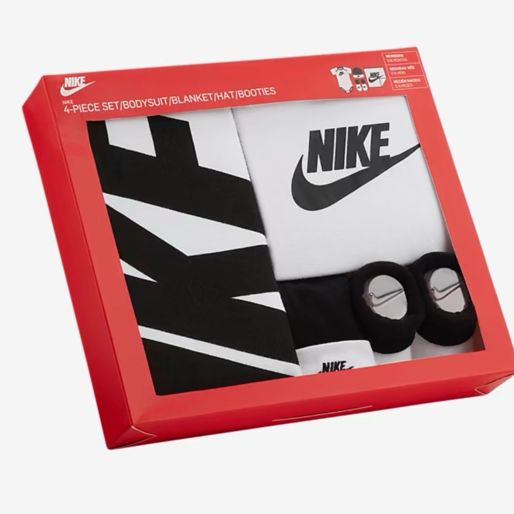 NIKE Baby Gift Set 4 piece Body Suit Hat Booties and Blanket